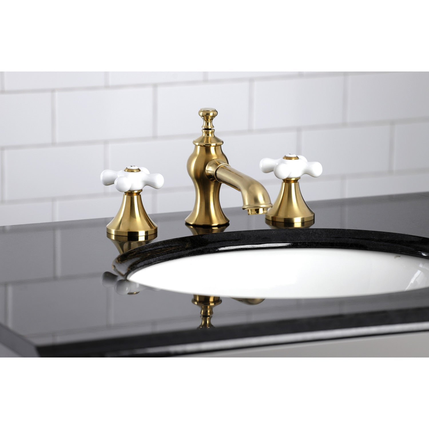 Kingston Tulare KC7067PX - Vintage Two-Handle 3-Hole Deck Mount Widespread Bathroom Faucet with Brass Pop-Up, Brushed Brass — thumbnail 2
